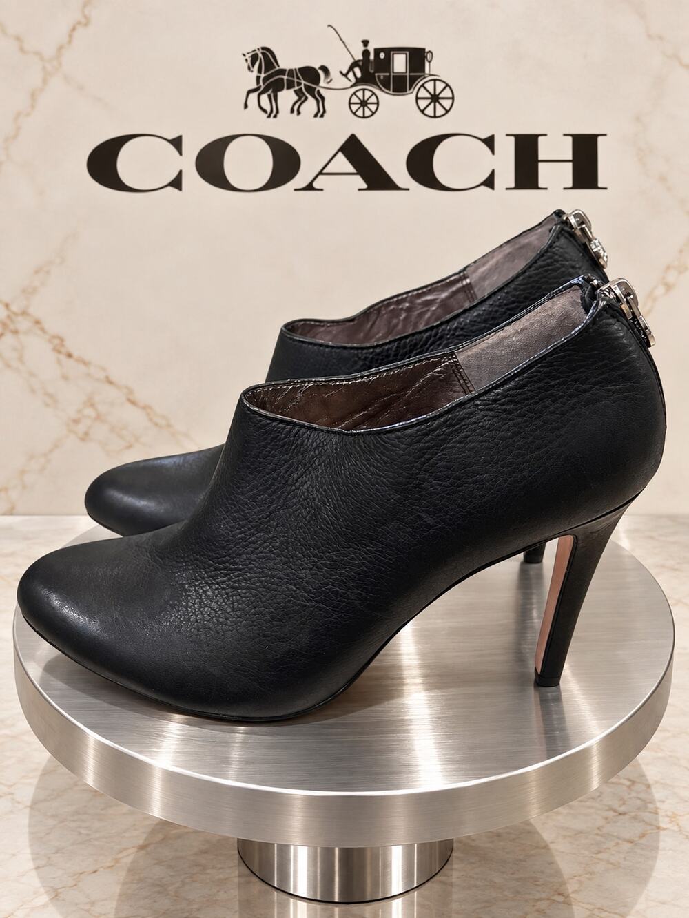 Coach Black Leather High Heel Ankle Booties Back Zip Size 10B